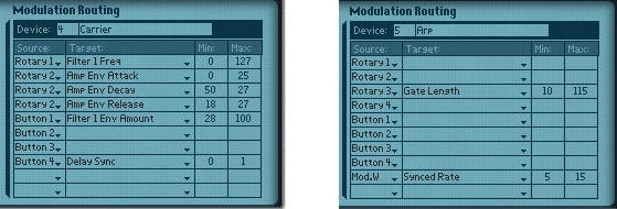 The Combi's mod programming for the Thor Carrier (left) and Arp (Right)