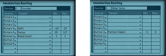 The Combi's mod programming for the Vocoder (left) and Matrix (right)