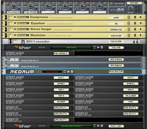 Rack devices in the Combinator above the main synth drums