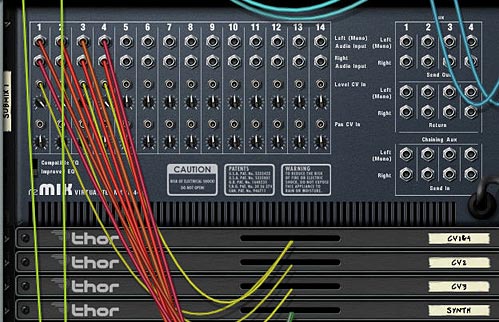 The setup with The Sine Shaper CV and Audio outputs from Thor into the Mixer