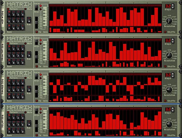 The 4 Matrixes controlling the Mod Wheel, Pattern, Delay, and Scream Damage