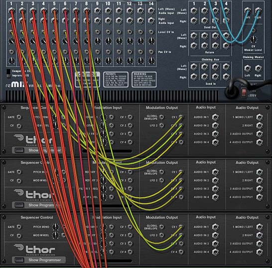 The Thor CV cabling into the Level CV ins on the Mixer