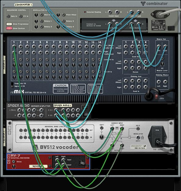 This image shows a single instance of the Vocoder and Delay hooked up to a Channel in the 14:2 Mixer.