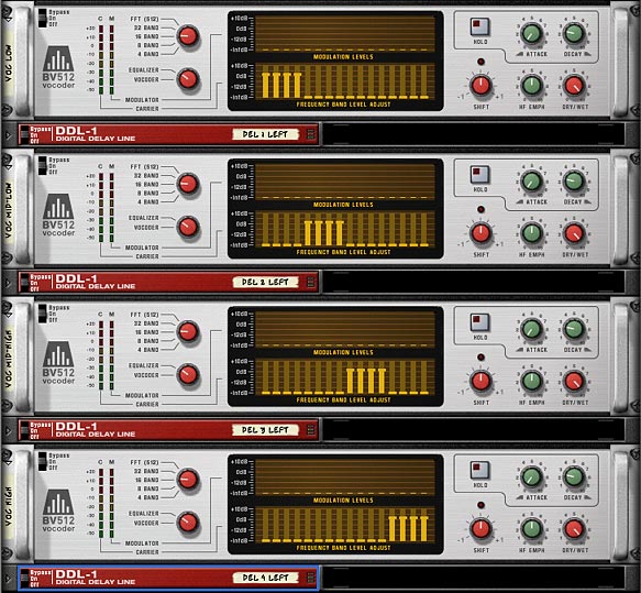 The four BV512 devices with their Frequency bands divided, and 4 associated delay units