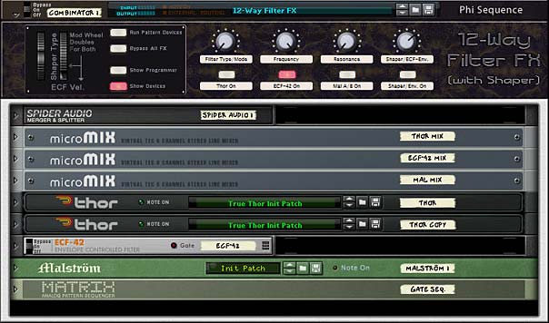 A 12-way Filtering FX Combinator system. Deceptively simple looking.