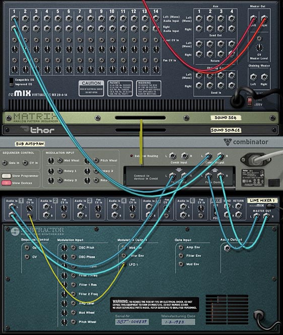 The back of the rack showing the Subtractor LFO1 modulating the Pan of the Sound Source.