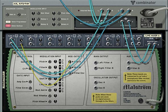 The back of the rack showing how Mod A is controlling the Pan CV in on Mixer Channel 1