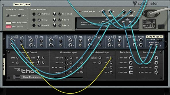 Thor CV1 out going to the Pan CV in on the first mixer channel.