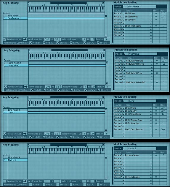 From top to bottom: Sub, Mal, Thor, Matrix auto-panner Combinator setups.