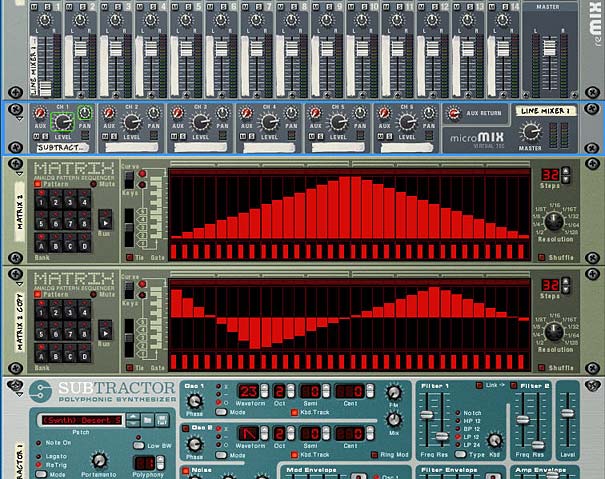 The front of the rack showing the Line Mixer inserted between the audio signal and main mixer.