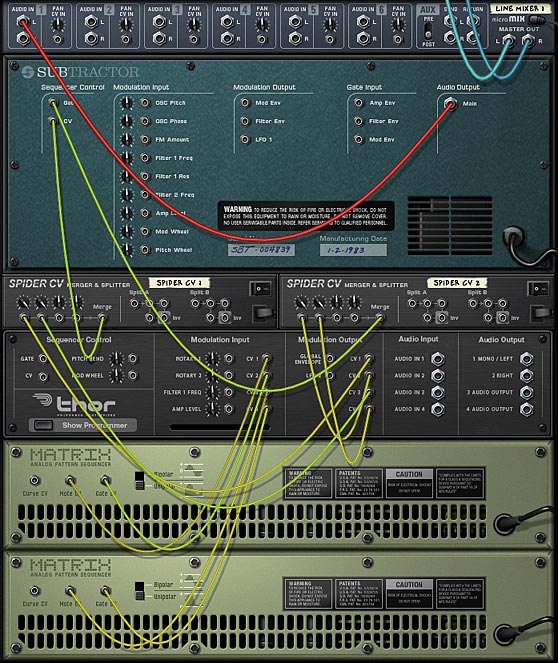 The CV and audio routings on the back of the rack