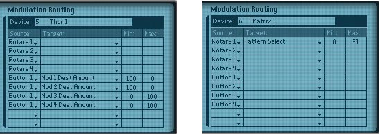 The Modulation Bus of the Combinator: Thor settings on the left and the Matrix settings on the right.