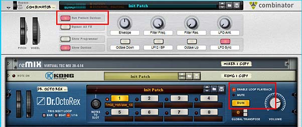 The front panel of the Combinator and Dr.OctoRex devices - Turning on "Run Pattern Devices" will enable all the Rex files to continuously run