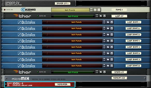 The front of the Reason rack showing all the devices in the Kong Beat Repeater (minus the mixer)