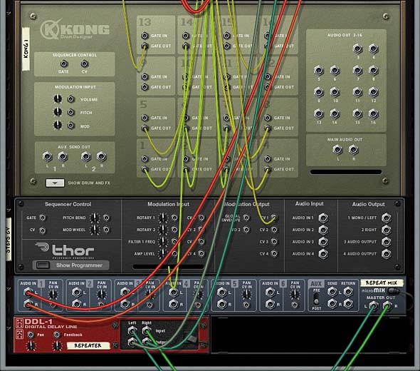 The back of the Reason rack showing the Kong Beat Repeater-related connections.