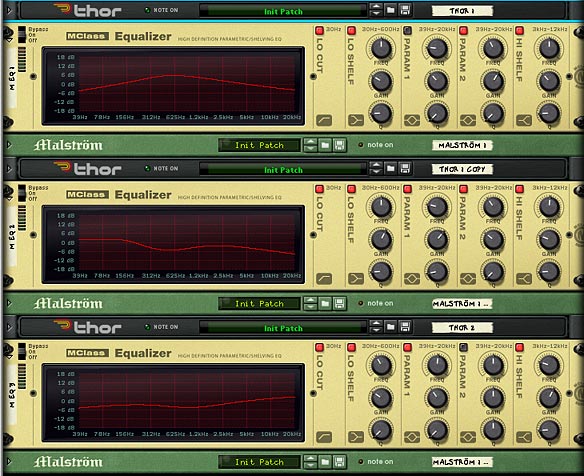 The front of the Combinator, showing all 3 EQ devices to spread out the Oscillator sounds across Low, Mids, and Highs.