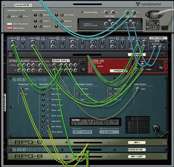 The Subtractor and RPG-8 routing at the back of the rack to set up your melodic synth lines.