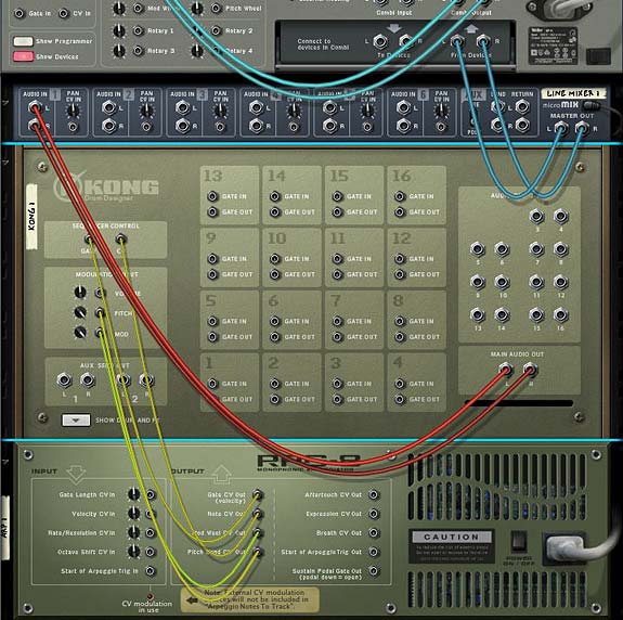 The routing on the back of the Combinator: The Kong and RPG-8 Arpeggiator