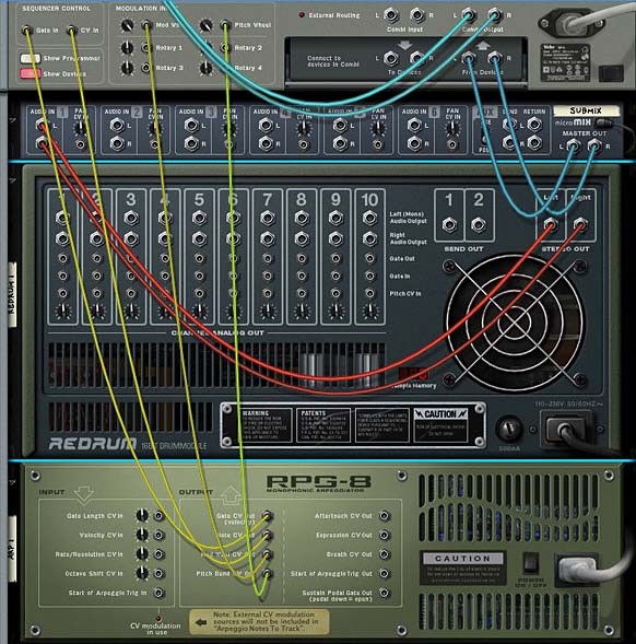 The alternate Redrum routing where the Arpeggiator triggers the Combinator and any devices inside.