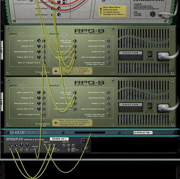 The main CV routings on the back of the rack. Note the Subtractor's LFO1 is going into the Spider A Splitter.