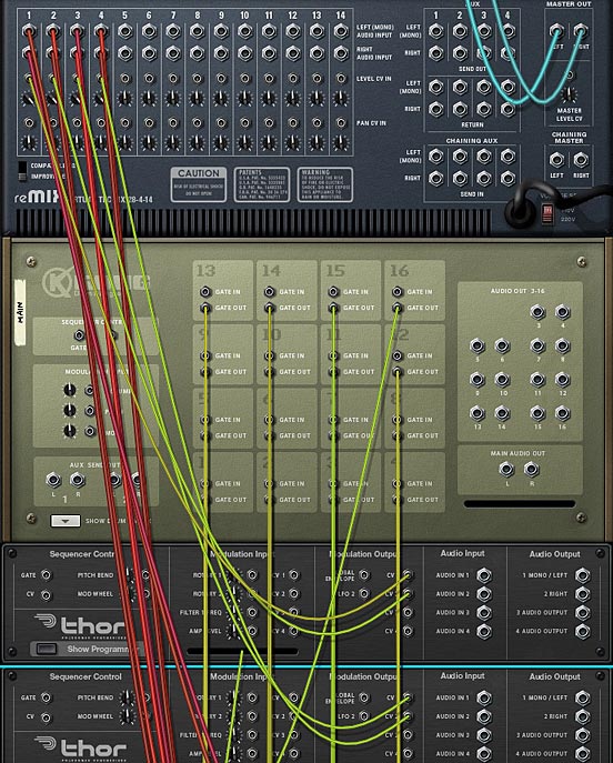 The back of the rack showing the CV routing from the Main Kong and two Thor devices