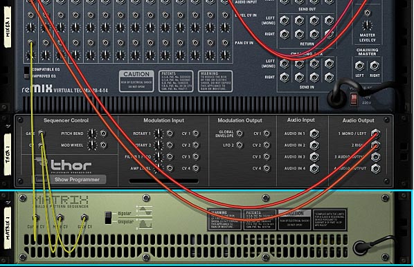 The Back of the Matrix with proper Note/Gate CV controlling Thor. And the curve controlling the Pan on the Mixer.