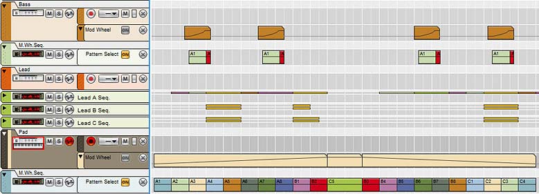 The main sequencer showing how the Matrix patterns can be used in place of the Mod Wheel Automation clips