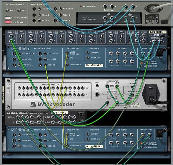 The back of the rack showing the two Dr. OctoRex devices used as a Vocoder Carrier and Modulator