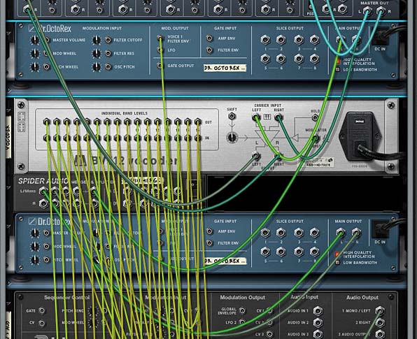 52-02-dr-vocorex Ok this is a little crazy, but you can control the CV ins and outs on the Vocoder via 2 Rotaries on the Combinator. Here's the back of the rack.