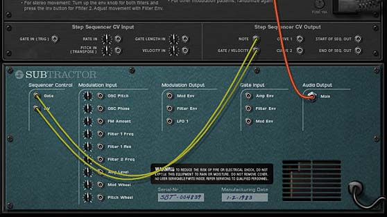 The back of the rack showing the Thor routing from the Step Sequencer into the Subtractor.