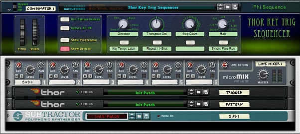 The Completed Combinator front panel. Note that I mapped a few more Sequencer controls to the Combinator Rotaries and Buttons.