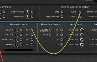 The Curve 1 CV going from the "Trigger" Thor into the CV1 Input on the "Pattern" Thor.