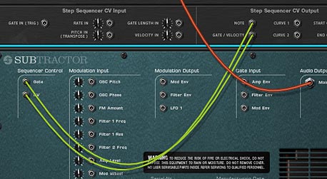 The Note / Gate CV Connections from the "Pattern" Thor into the Subtractor.