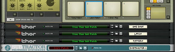 The front panel, showing the 3 Kong Pads setup to control your Pattern in the Thor Step Sequencer.