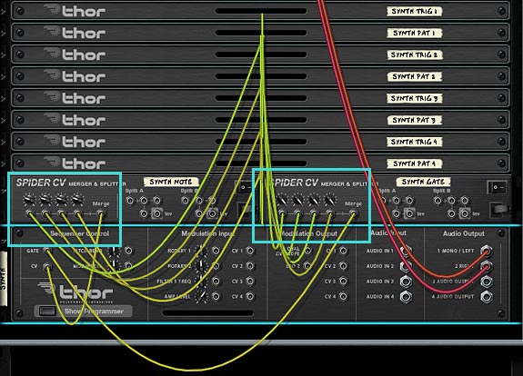 55-01-key-trig-patterns This image shows the attenuation of the pitch on the "Note" CV Merger on the left and the attenuation of the "Gate" CV Merger on the right, using the CV trim knobs.