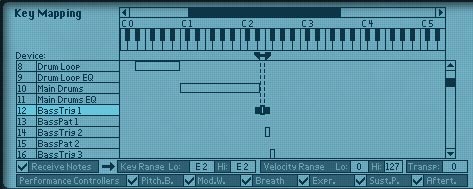 55-02-key-trig-patterns The Key Mapping area of the Combinator, where we use the Key Range to map our Kong drum pads, Dr.OctoRex Loop Slots, and sound device pattern triggers to individual keys.