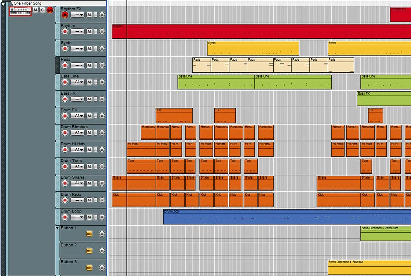 This image shows the various Note Lanes for the Combinator. Each note lane represents a different sound source, Kong drum pad, or Rex Loop Slot selection.