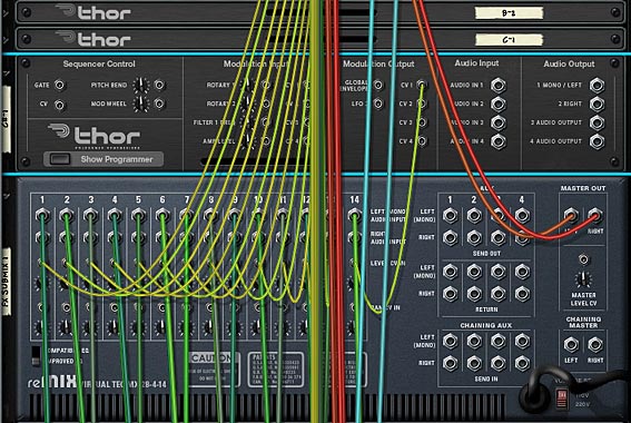 One of the FX 14:2 Submixers showing the CV from each Thor is used to trigger the level of each FX chain.