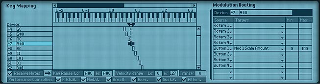 The Combinator Key Mapping and Modulation Routing section showing each key mapped to a Thor device.