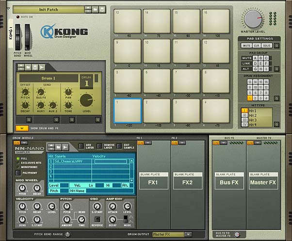 The front of the Kong device with the same sample copied into all drum modules and the pitch varied across all 16 pads.