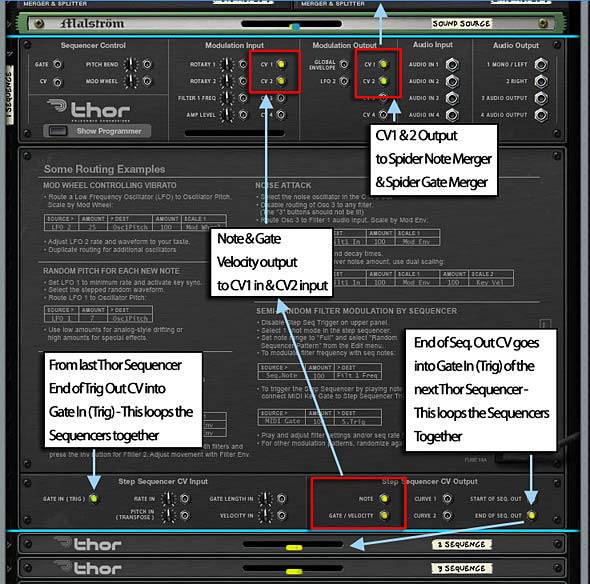 The back of the first Thor device showing the CV routings to set up the first set of 16 steps in the 128-step Forward-running sequencer where the Thors are strung together and play end to end.