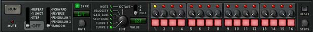 The step sequencer on the "Controller A1" Thor, which uses both curves set in opposition to each other to control the 2 Thor step sequencers underneath it.