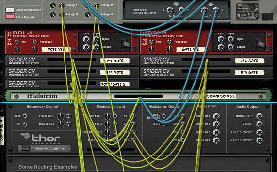 The routings to split the 2 sets of Thor sequencers into their own Spiders, and send the merge outputs into the "Controller A" CV inputs. The CV 1 & 2 outputs are sent to the Combinator Rotaries. 