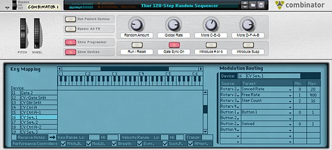 The front of the Combinator, showing the Rotaries / Buttons. Note the Step Count is mapped to Rotary 3 to add more weight to C-E-G notes.