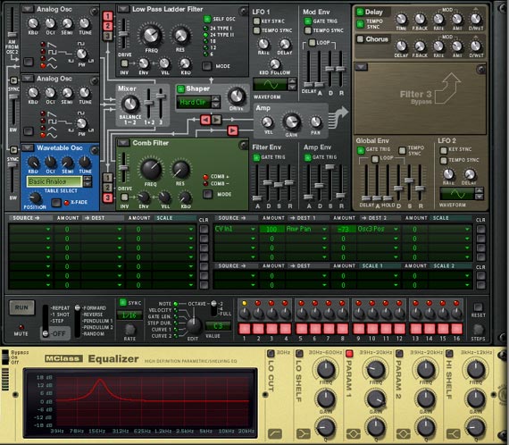 The front of the Combinator showing the Thor sound source and EQ, Both of which are modulated with the Thor Random Step Sequencer.