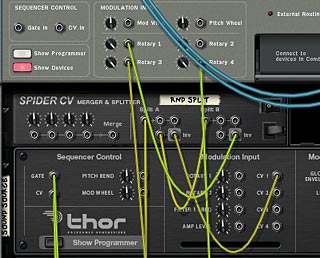 The back panel showing the Note CV sent to the Spider and then sent to Rotary 1 and the Thor sound source CV 1 input.