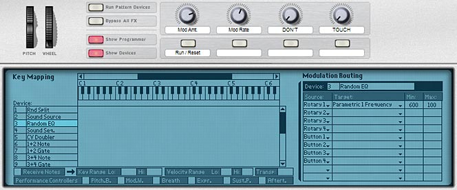 The front panel of the Combinator with the Programmer displayed. Note that the EQ Parameter 1 Frequency is mapped to Rotary 1. This way a parameter without a CV input can be controlled via CV using the Rotary as a pass-through.