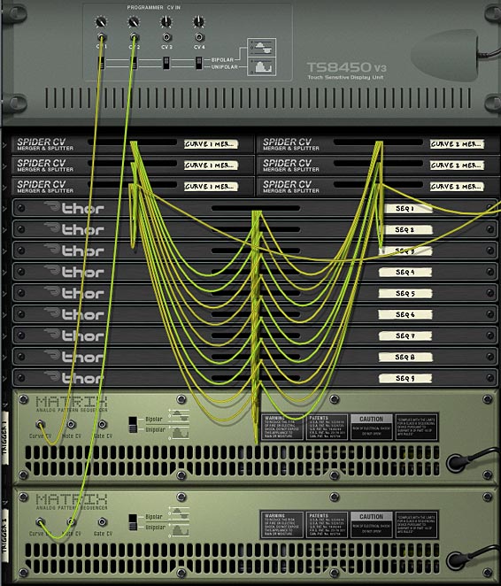 The two Matrix Triggers' Curve CV cables being sent to CV 1 & CV 2 inputs on the Combinator, respectively.