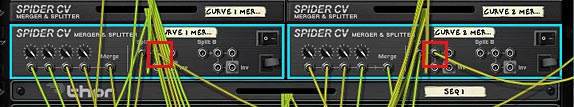 The 2 Curve Outputs: The final Merged Output is sent to the splitter side of the Spider, and then one of the splits is sent to control the level of the sound device.