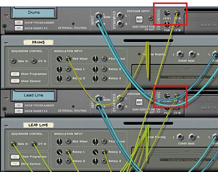 The 2 Curve inputs: The CV controls the level of the sound device. Input is on the Mix Channel, and the Trim Pot is set to 100.